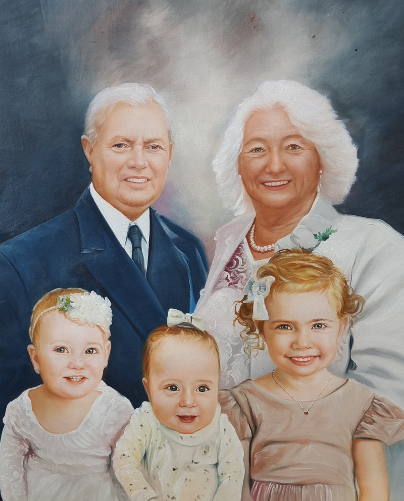 Oil painting portrait of elderly couple with two young girls.