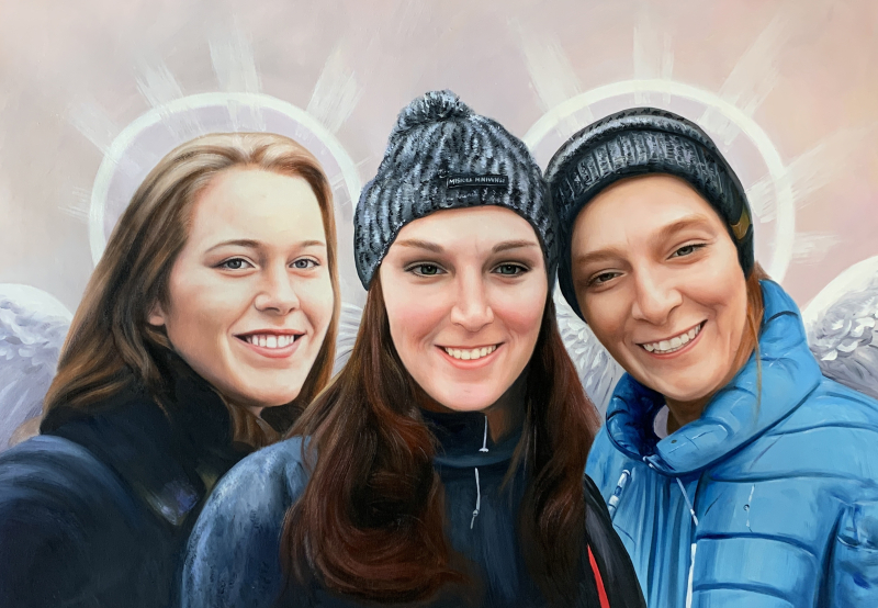 Portrait painting of three smiling women with angel wings and halos.