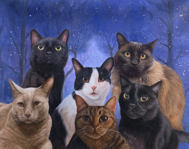Painting of six cats in a wintery setting.