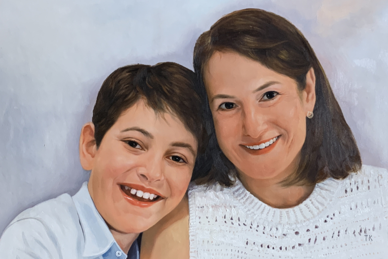 Oil painting of a smiling woman and boy.