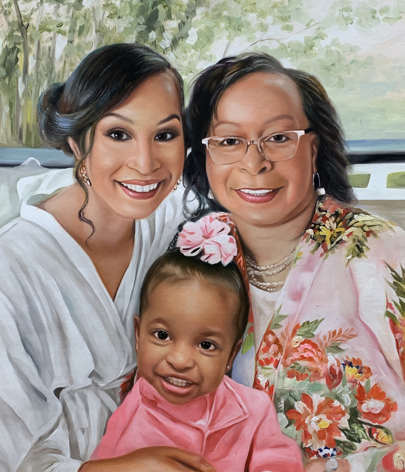 Painted portrait of three generations of Black women: a young woman, older woman, and toddler.
