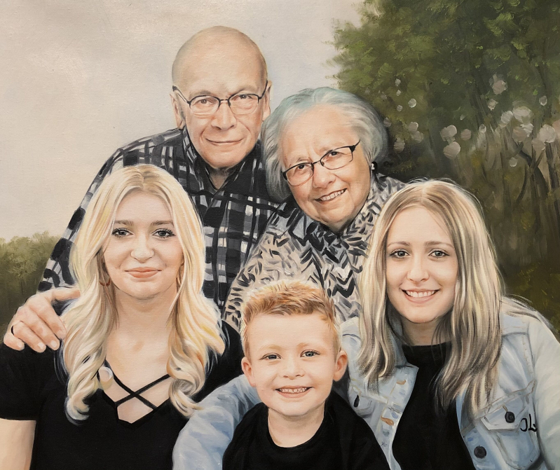 Painted portrait of a family: grandparents, two granddaughters, and a grandson.