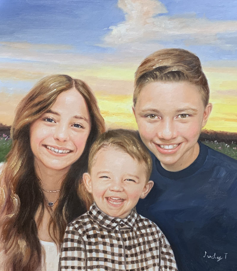 Oil painting portrait of three siblings against a sunset backdrop.