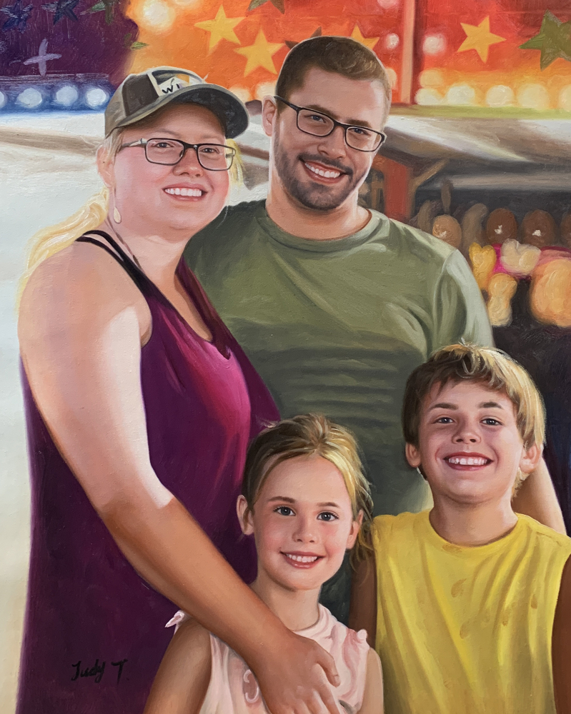 Family portrait in oil paint, at a fair.