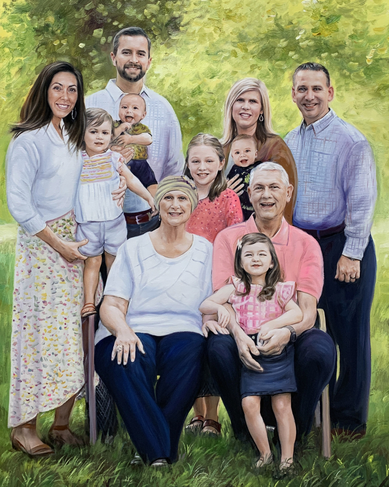 Large family portrait painting, outdoors.