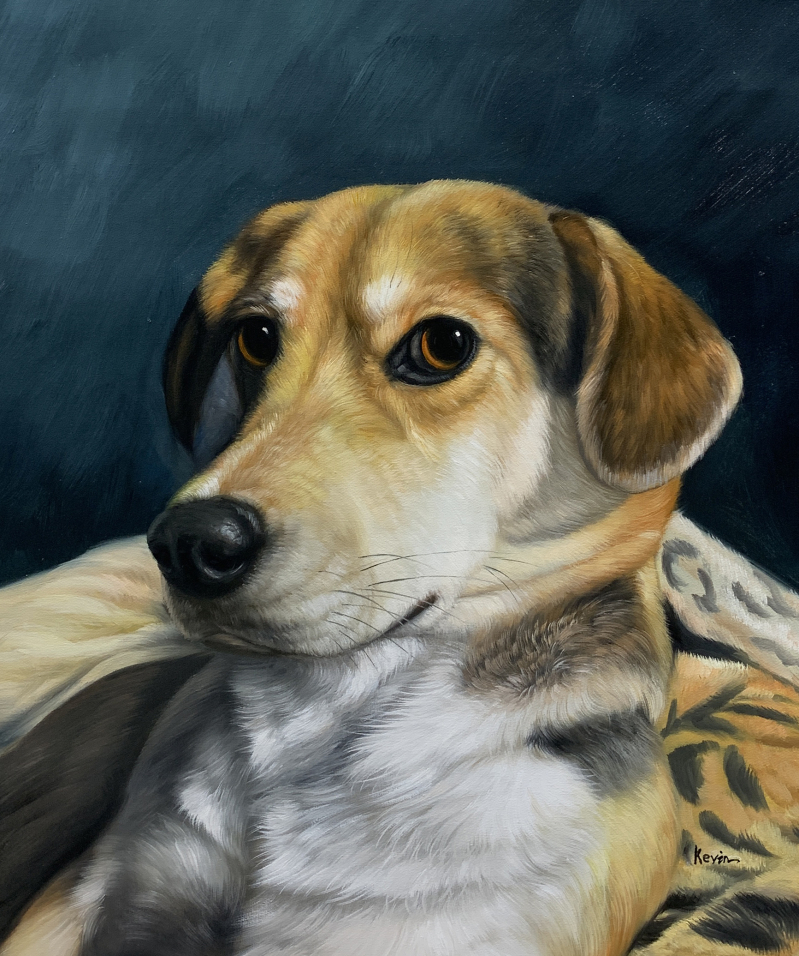 Oil painting of a dog with tan, brown, and white fur.