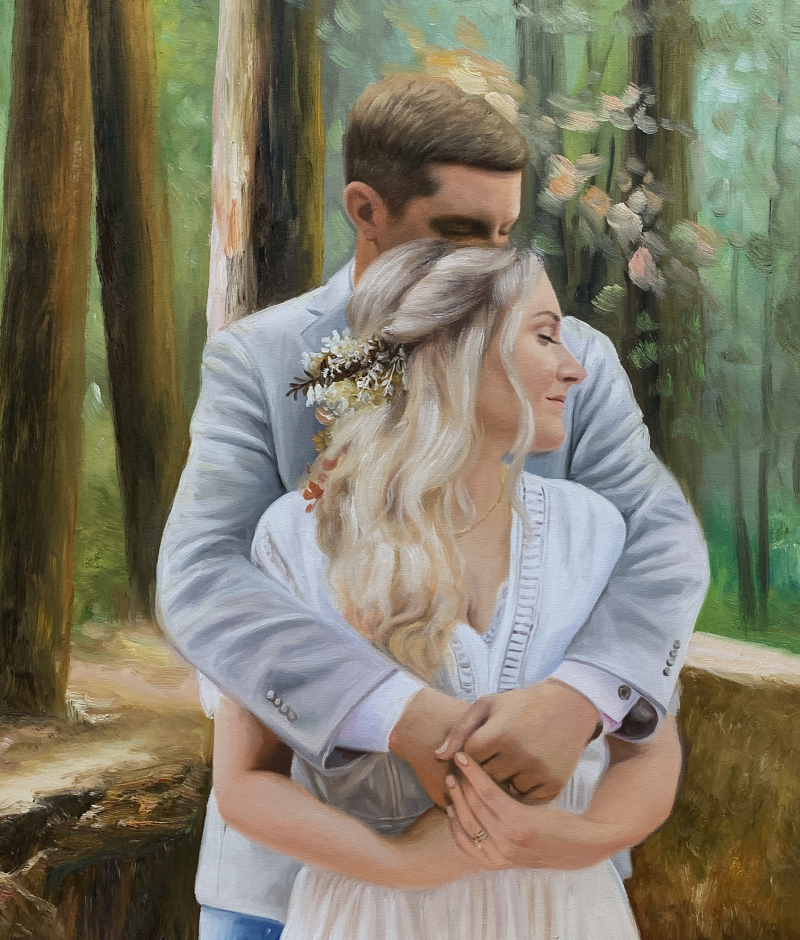 Oil painting of a couple embracing in a forest.