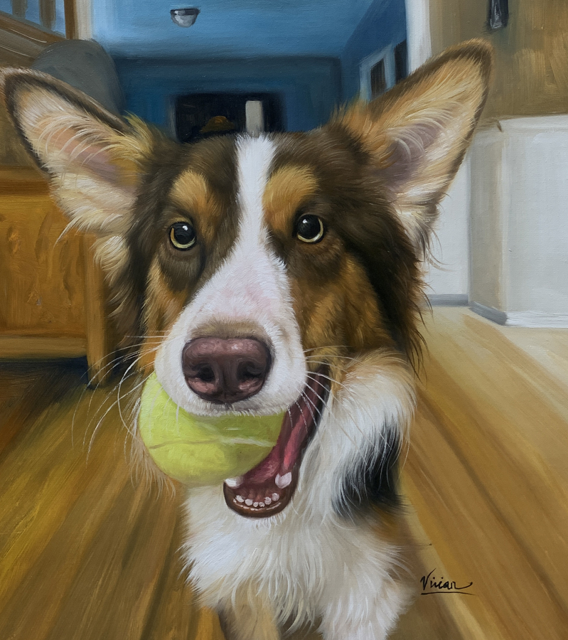 Painting of a dog holding a tennis ball in its mouth.