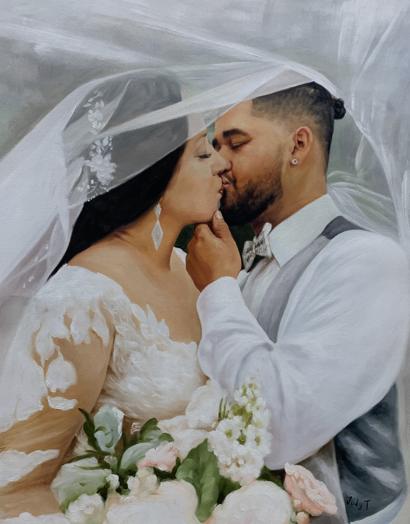 Painting of a bride and groom kissing under a veil.