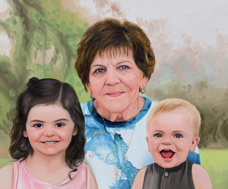 Oil painting portrait of a grandmother with a girl and a baby.