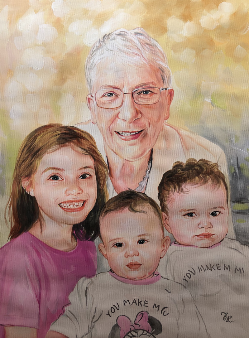 Watercolor portrait of a grandmother with two young girls and a baby.