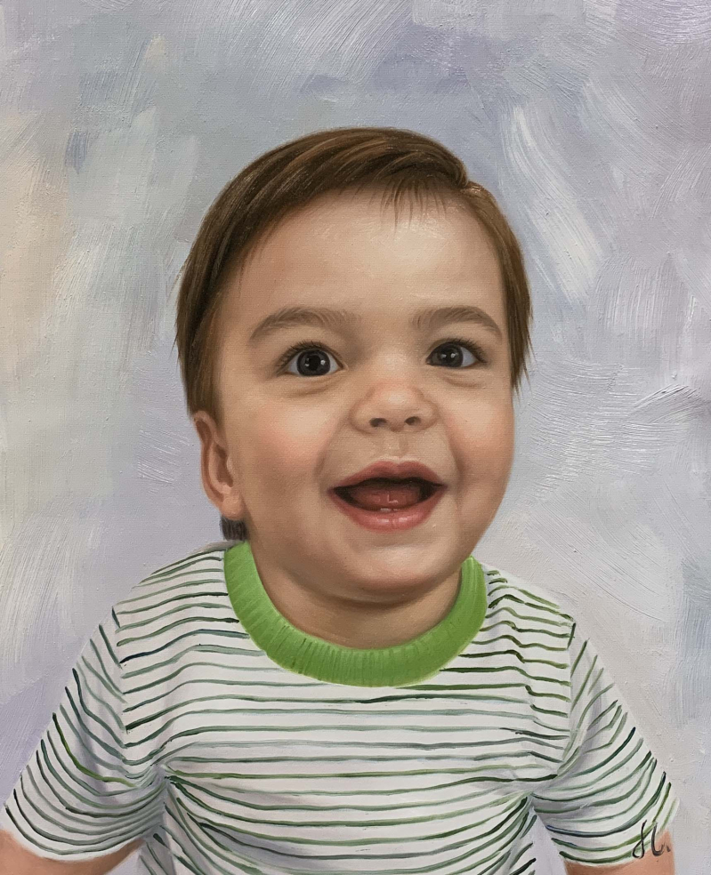 Acrylic painting portrait of a toddler boy smiling in a striped shirt