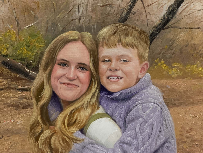 Painting of a girl and boy embracing outdoors