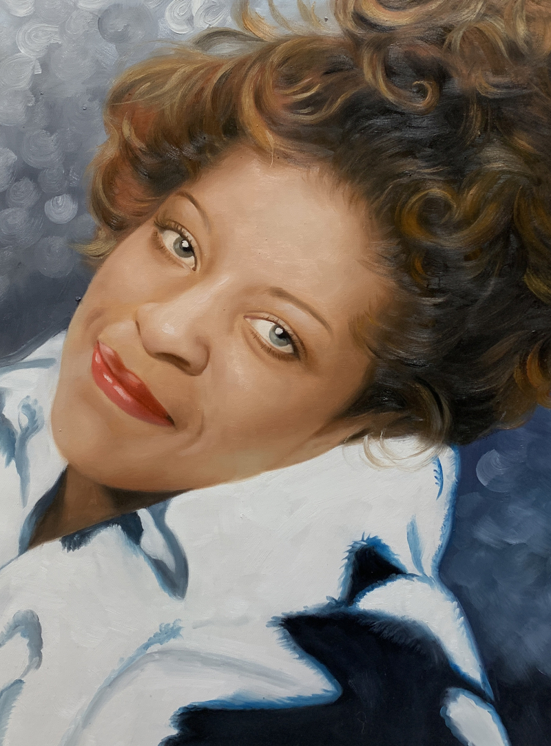 Oil painting portrait of a woman with curly brown hair, smiling gently.