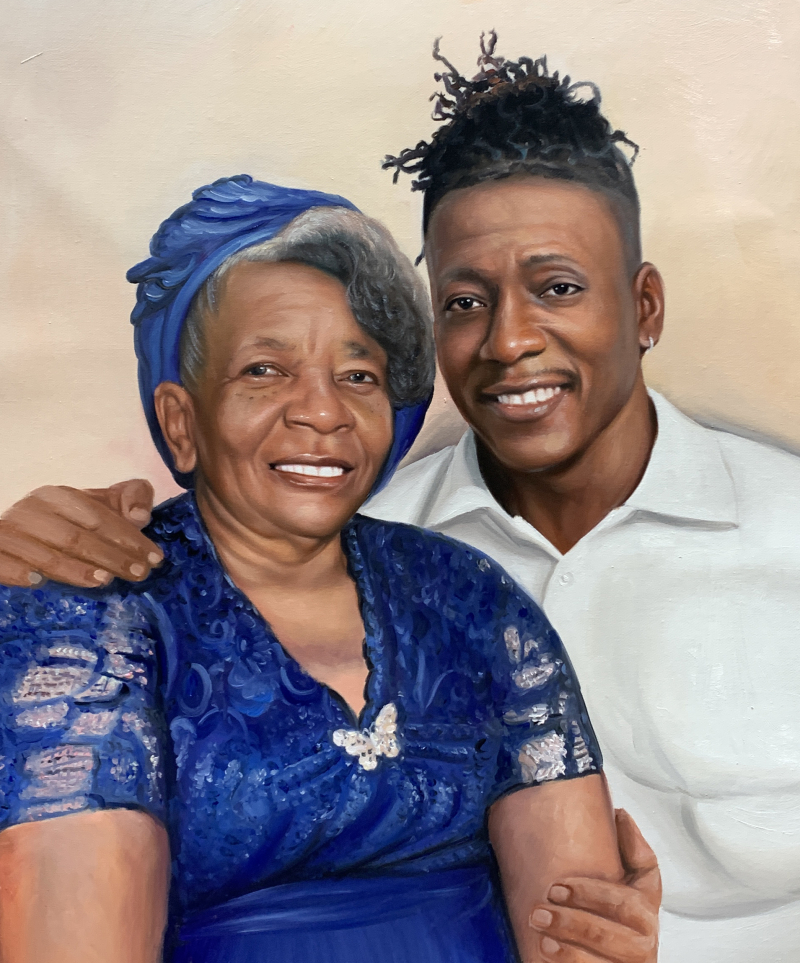 Oil painting portrait of an elderly Black woman in a blue dress and a younger Black man with his arm around her.