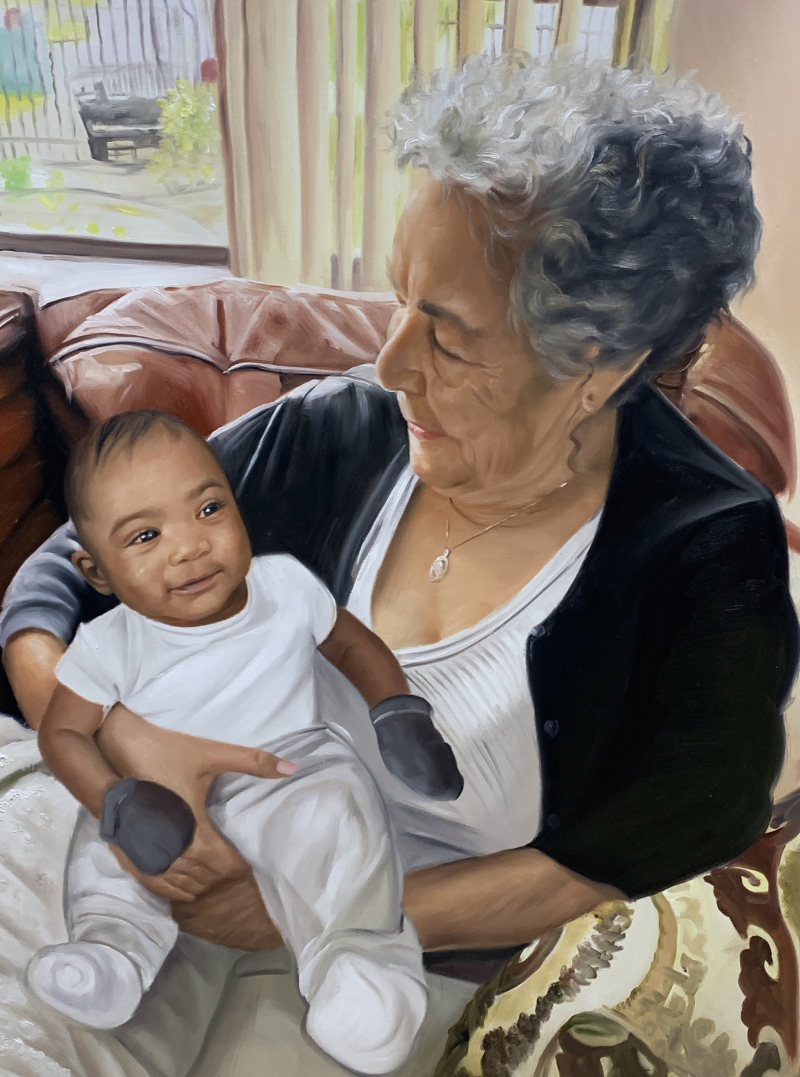 Oil painting of an elderly woman holding a baby.