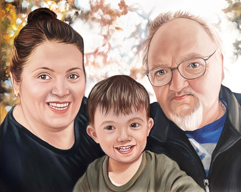 Oil painting portrait of a family: a woman, a man, and a young boy.