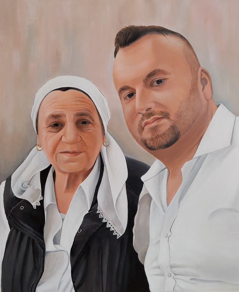 Painted portrait of an older woman and a younger man.