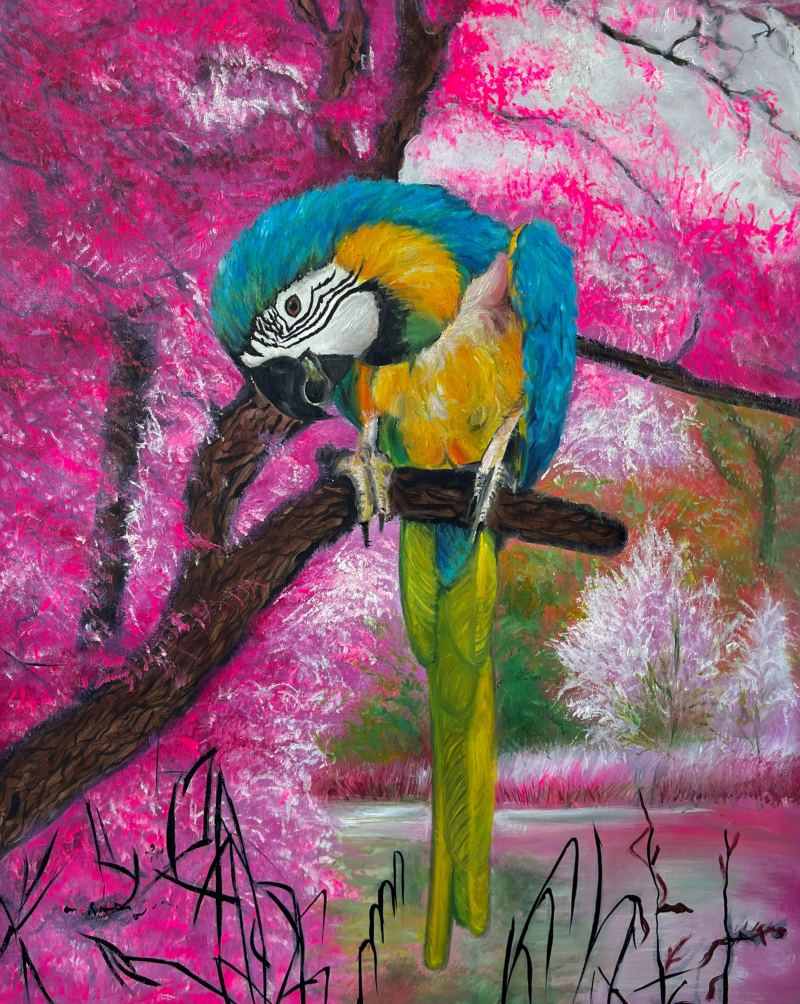 Painting of a blue and gold macaw perched on a branch in front of pink trees and a pond.