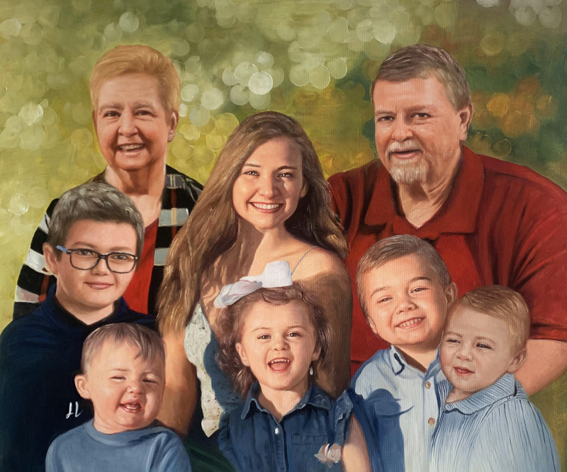 Oil painting portrait of a multigenerational family, including grandparents, parents, and children.