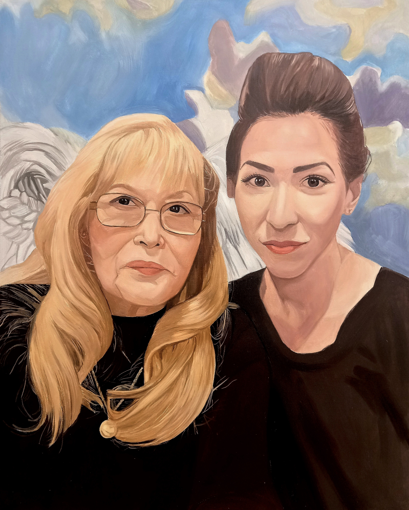 Painted portrait of an older woman with blonde hair and glasses and a younger woman with brown hair, against a cloudy sky background.