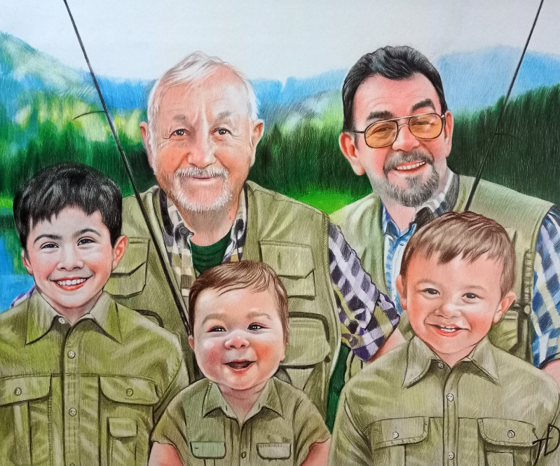 Colored pencil portrait of two older men and two young boys, all smiling, wearing fishing vests.