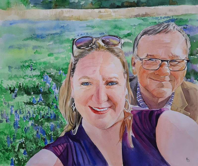 Watercolor portrait of a woman and man in a field of flowers.