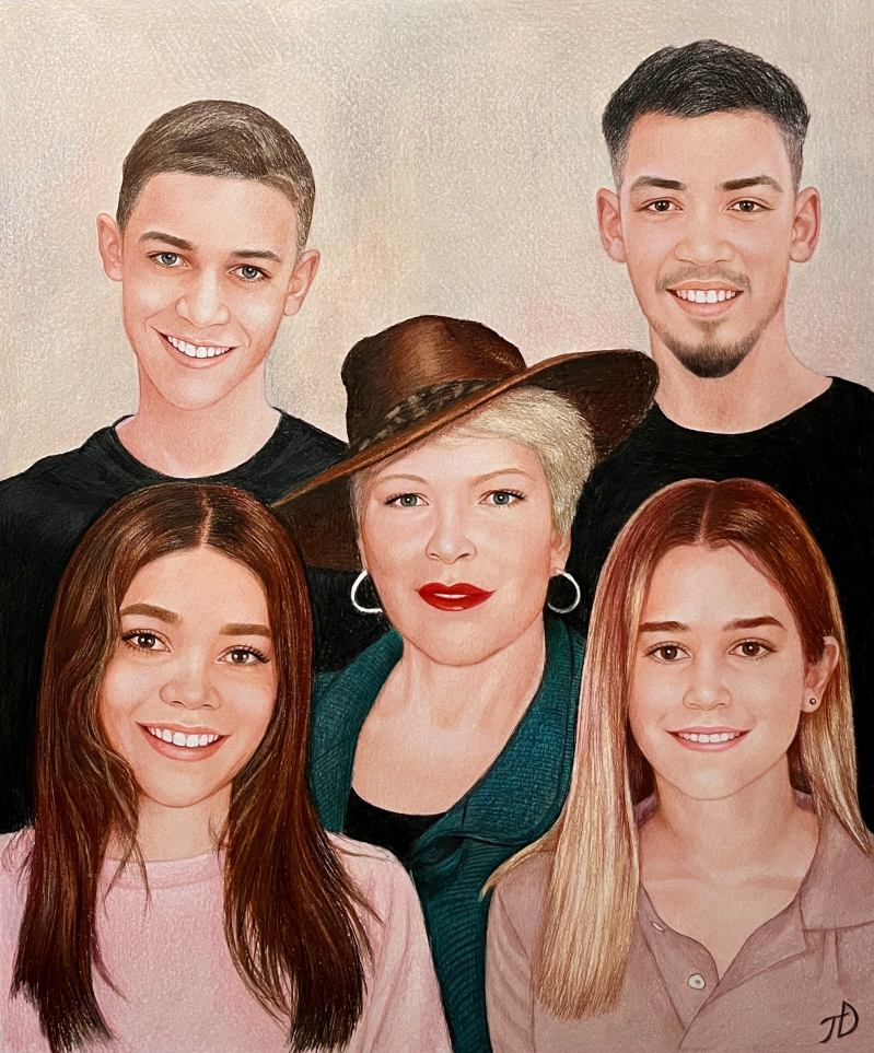 Family portrait drawing of a mother and her four children.