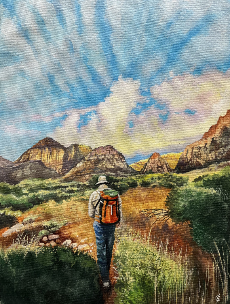 Painting of a hiker with an orange backpack walking on a trail toward mountains under a dramatic sky.