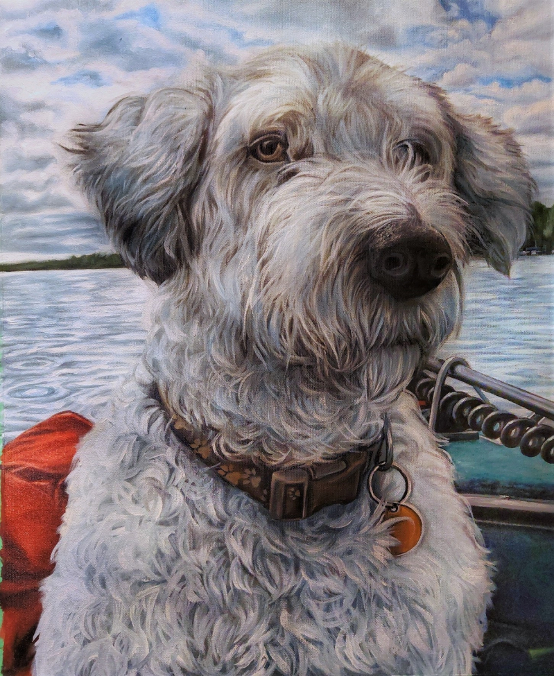 Painting of a fluffy white dog on a boat, looking to the side.
