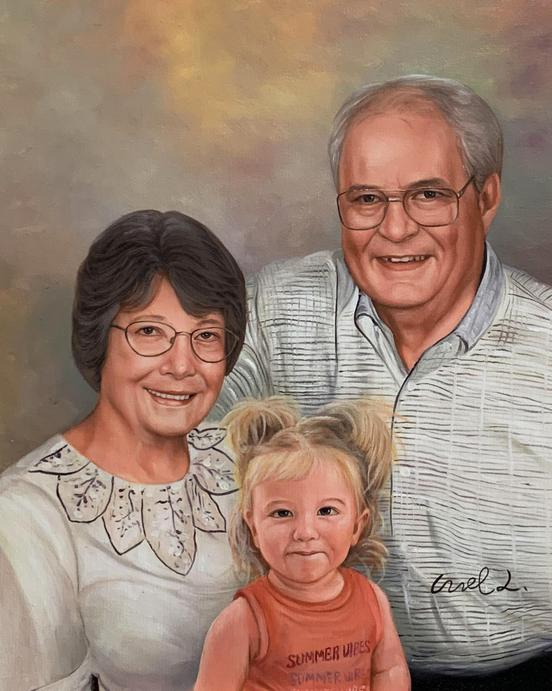 Painted portrait of grandparents and granddaughter.