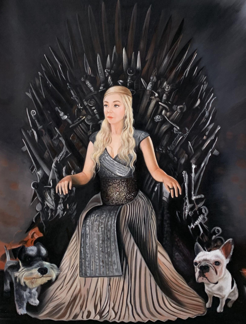 Painting of a woman in a Daenerys Targaryen-inspired gown seated on the Iron Throne with two small dogs.