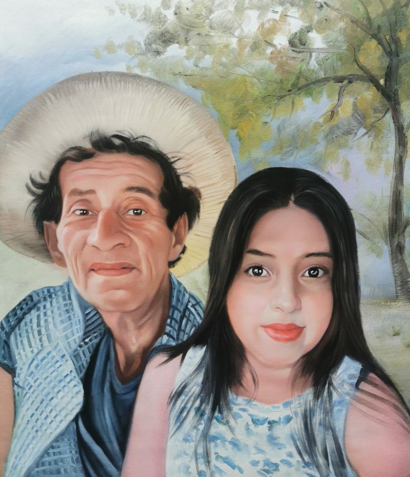 Painting of an older man in a straw hat and a young woman