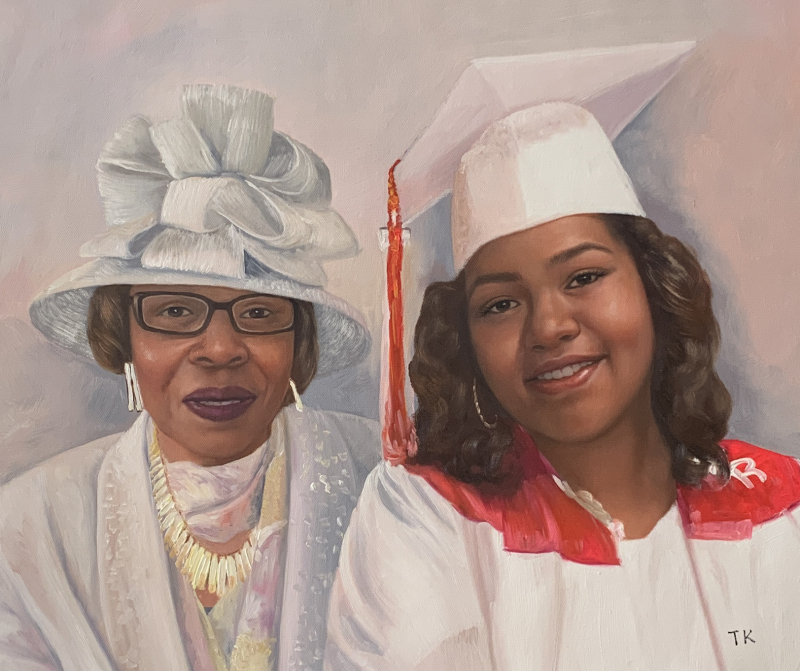 Portrait painting of a woman in a white hat and a young woman in a graduation cap and gown.