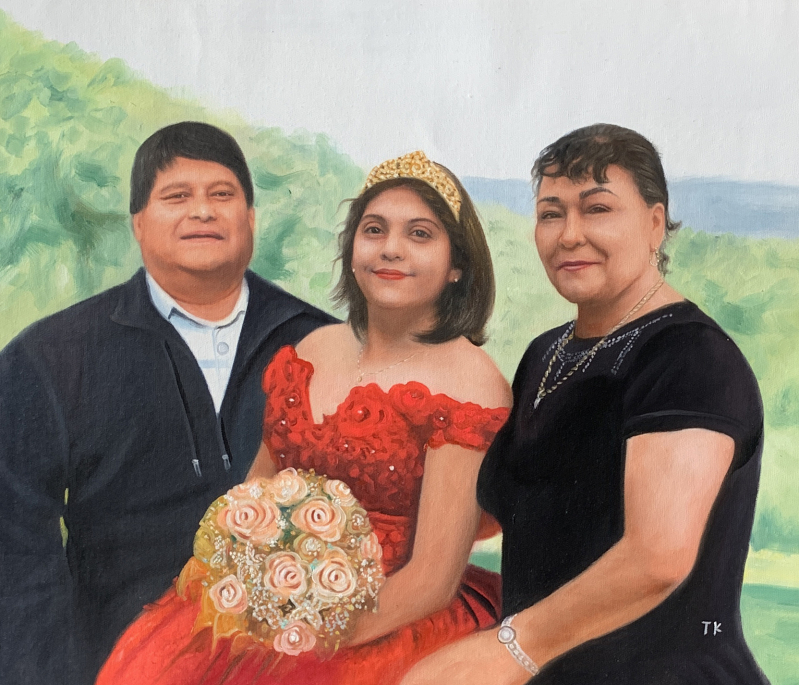Painted portrait of a family: father, daughter in red dress, and mother.