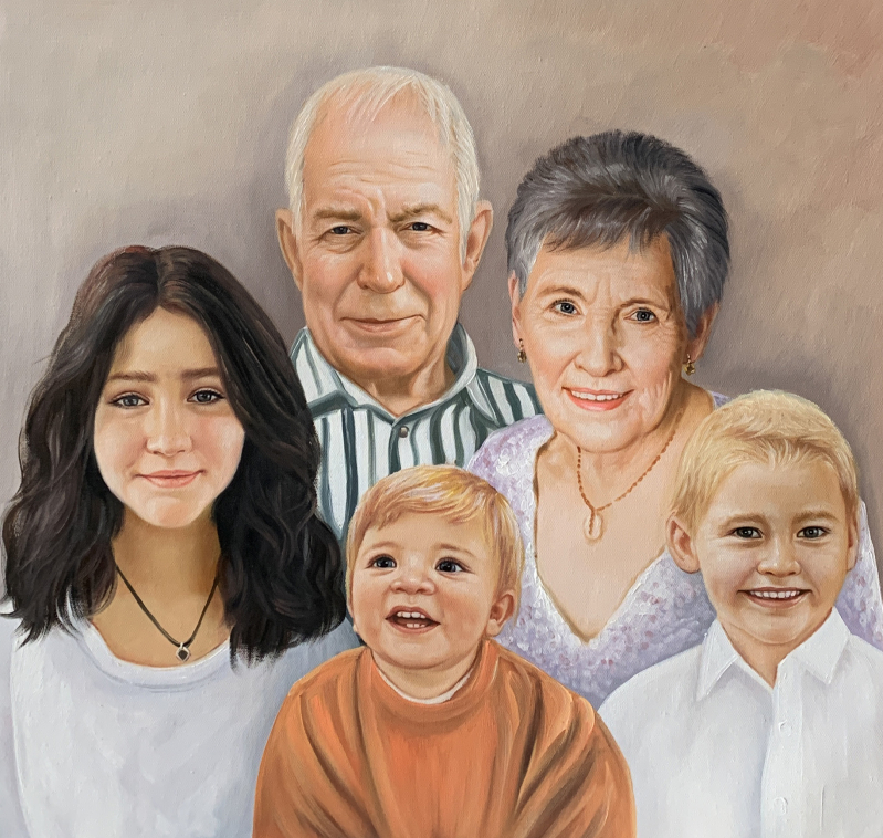 Painted portrait of a family: grandparents, teenage girl, toddler, and young boy.