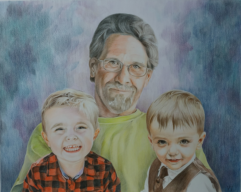 Portrait drawing of a grandfather with two grandsons.