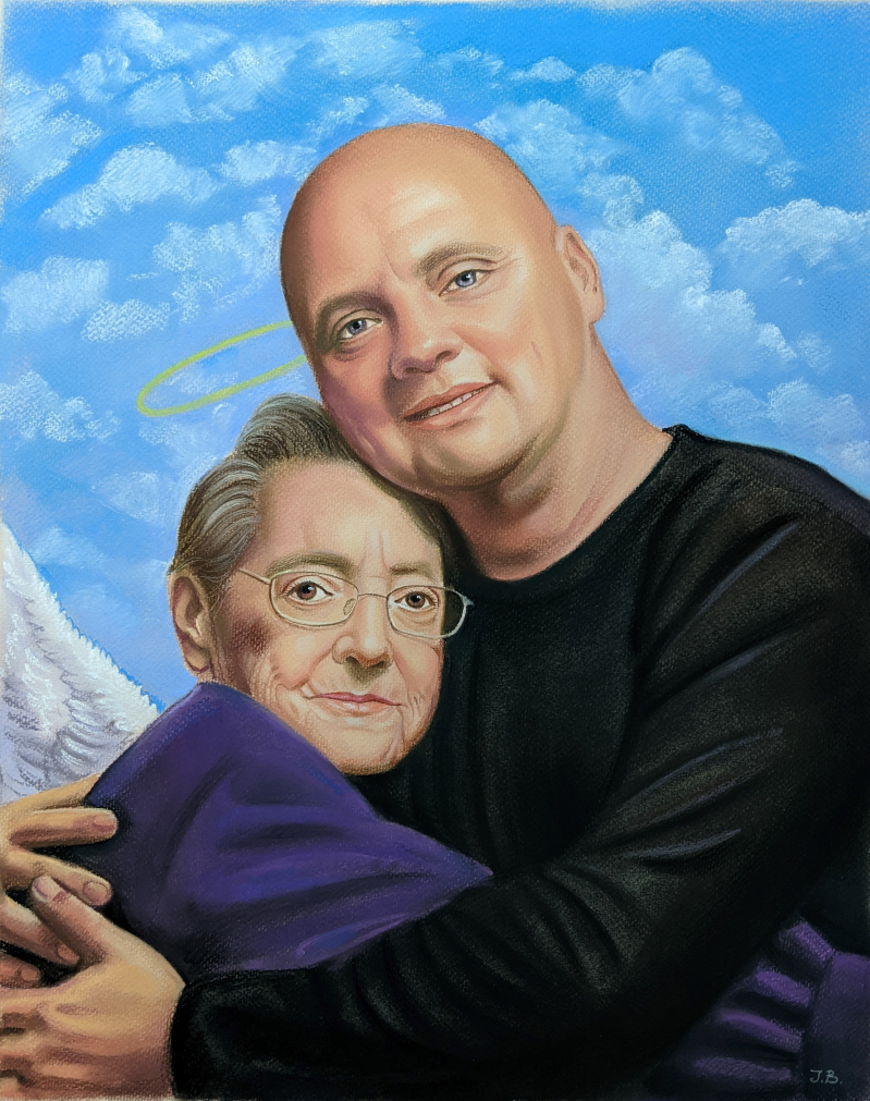 Pastel portrait of a bald man embracing an older woman with glasses, halo behind the man, wing visible at the left.
