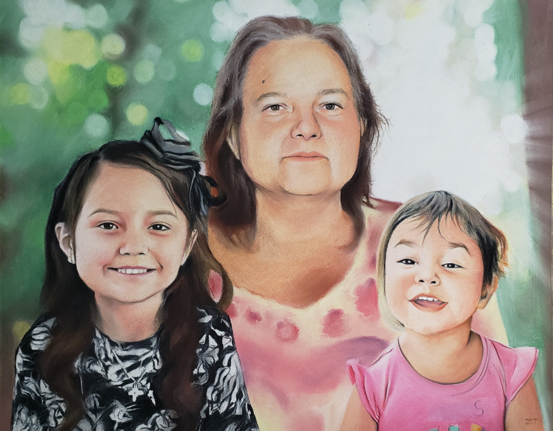 Pastel portrait of a woman with two young girls.