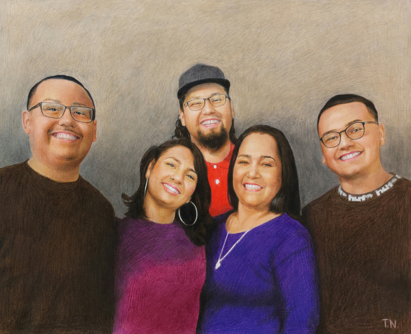 Family portrait, colored pencil drawing.