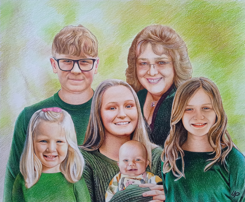 Colored pencil portrait of a family: grandmother, mother, teenage son, teenage daughter, young daughter, and baby.