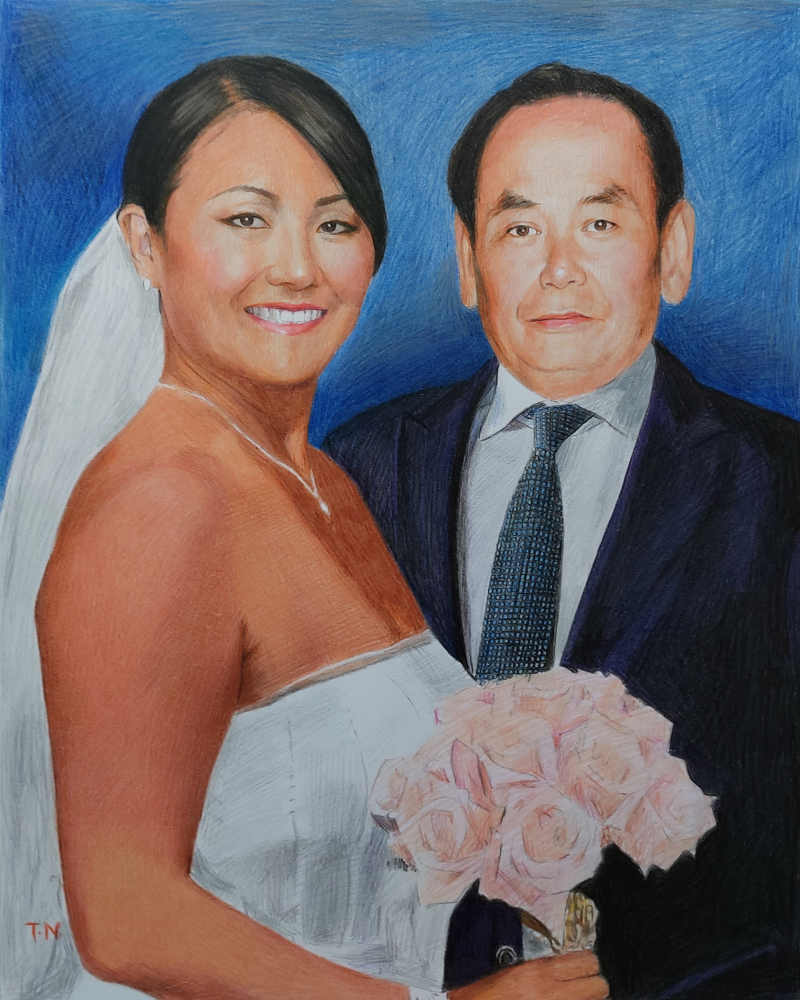 Colored pencil portrait of a bride and her father.