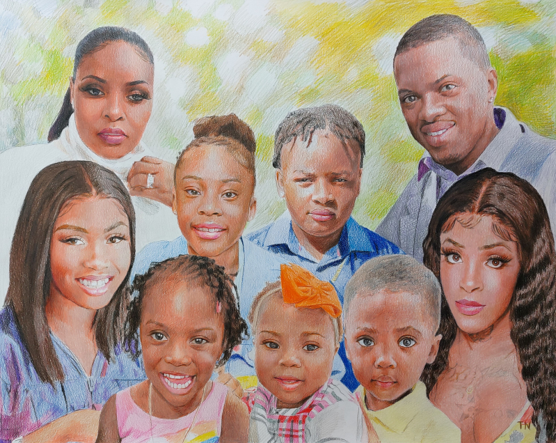 Colored pencil portrait of a large family.