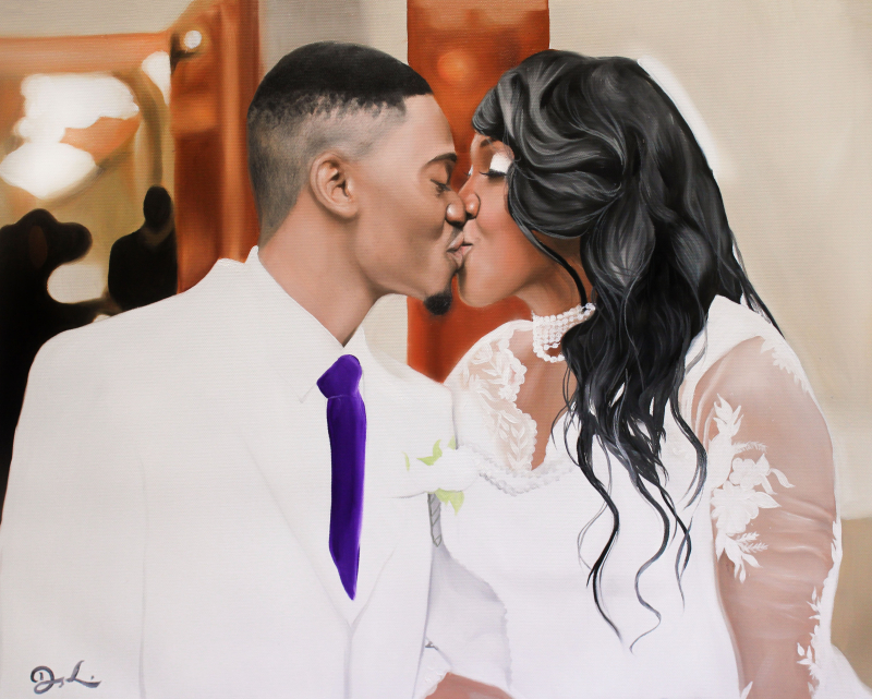 Painting of a bride and groom kissing.