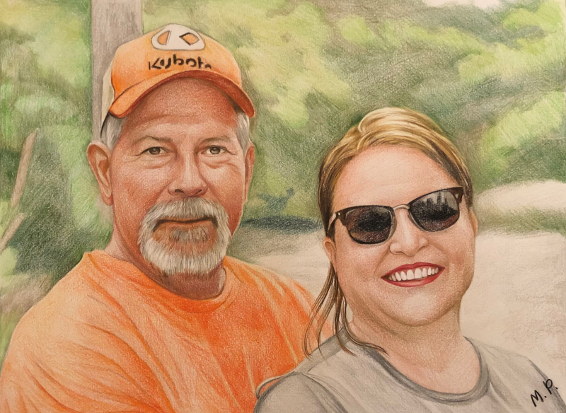 Colored pencil portrait of a man and woman.