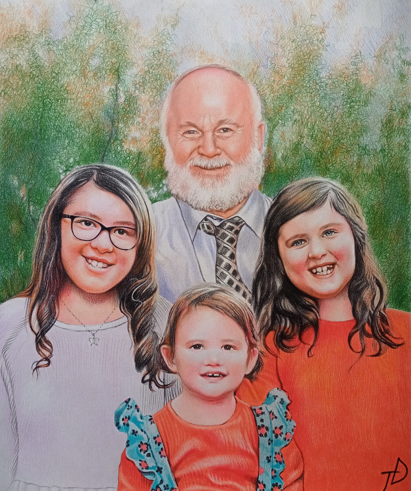 Color pencil drawing of a grandfather and three granddaughters.