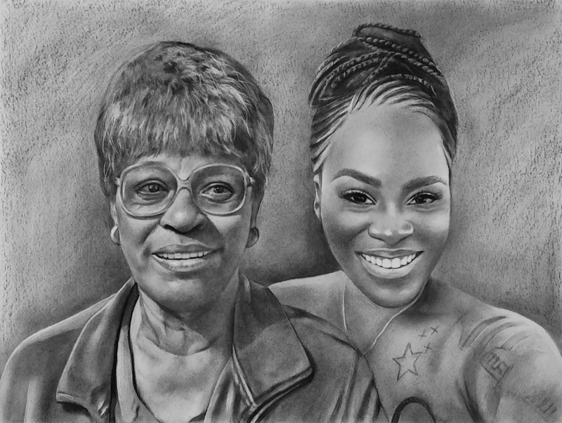 Black and white pencil sketch of two smiling women, one older with glasses and shorter hair, the other younger with her hair in braids.