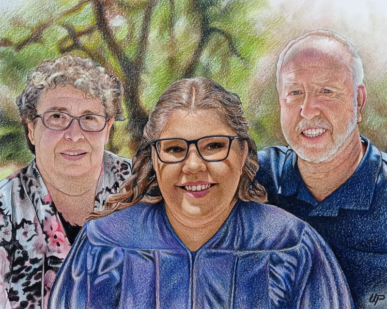 Colored pencil portrait of a graduate with her parents.