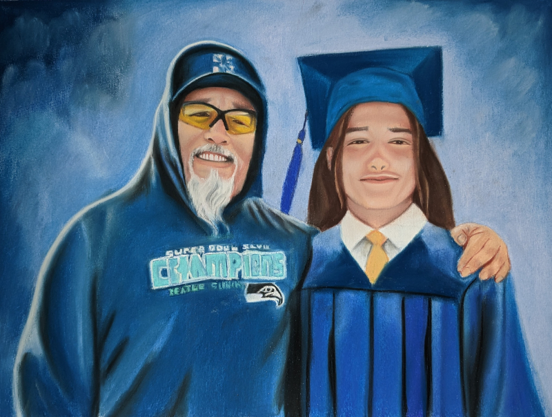 Pastel portrait of a proud father and his graduating child.