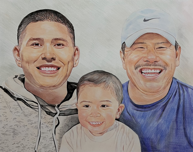 Colored pencil portrait of three smiling men, one wearing a baseball cap, two appear to be father and son, the third a young child.